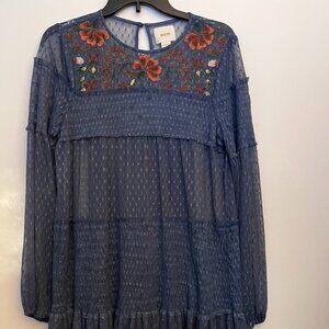 Maeve Anthropologie Blue Polka Dot Lace Overlay Embroidered Dress Size Medium